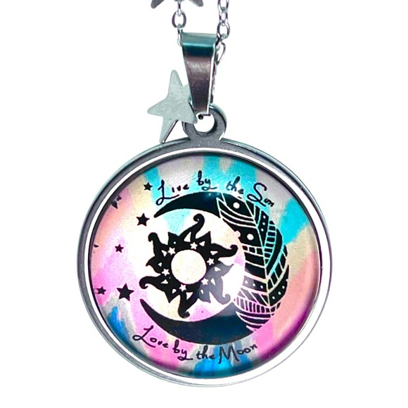 Tie-Dye Moon Fancy Celestial Chain Necklace, Rainbow Handmade Hippie Pendant - Picture 1 of 8